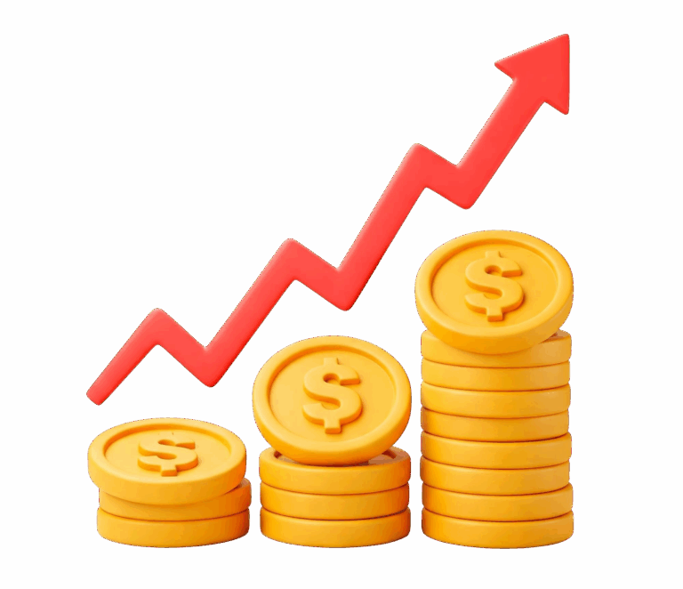stacks-dollar-coins-rising-red-arrow-showing-increasing-profits-isolated-white-background-cartoonish-3d-render-style